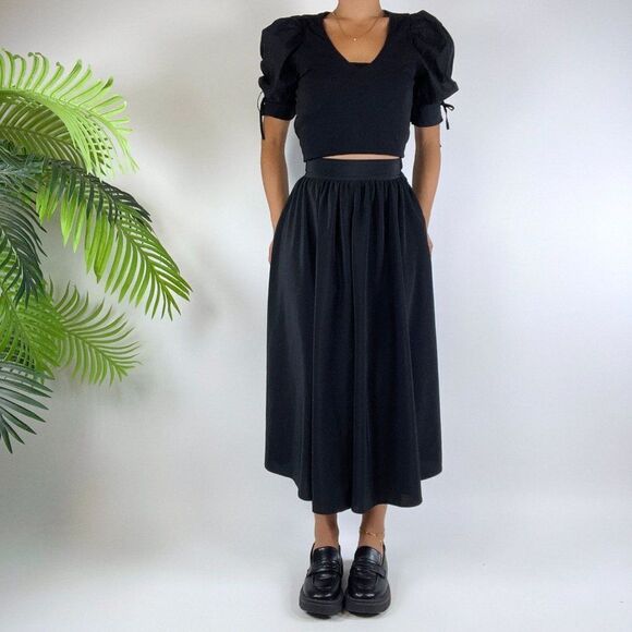 Vintage 90s Black Classy High Waisted Dark Coquette Ruffle Flowy Midi Skirt / 4 - Picture 4 of 5